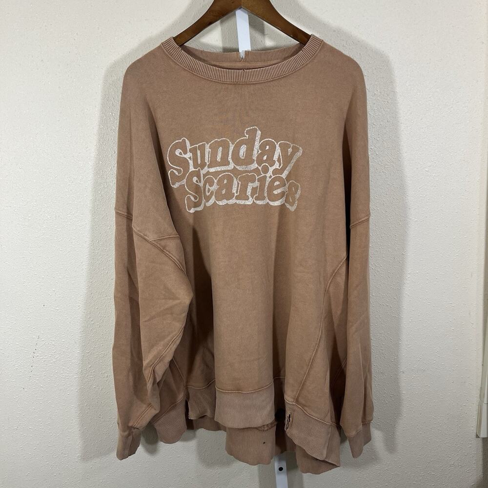 Aerie Sunday Scaries Sweatshirt Womens XXL Oversized Distressed Hem Tan